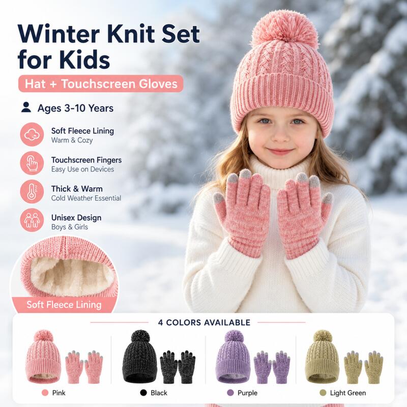 Kids Outdoor Gloves - Zimowy zestaw dla dzieci: dziergana czapka,