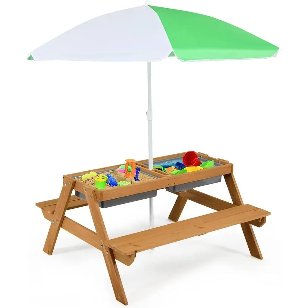 Kids Outdoor Sandbox - Drewniany stolik piknikowy 4w1 z piaskiem